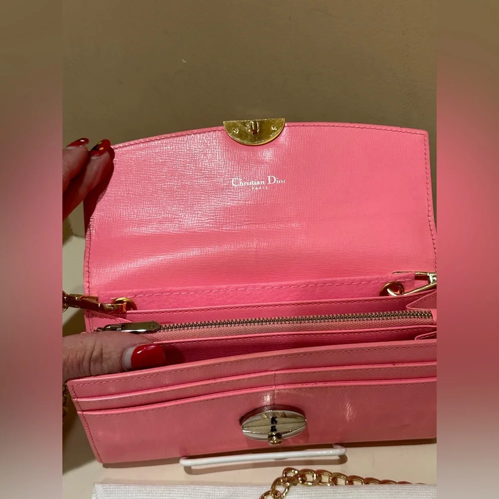 Christian Dior Pink Leather Clasp Front Long Wallet w/unbranded chain